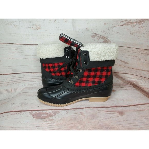 Nature Soft Comfortable Black Red Plaid Faux Fur Rain Snow Boots Cozy Size 8M - Picture 9 of 12